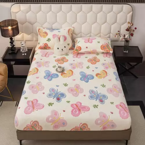 Cearsaf CoCoLiNo, JoJo Home, cu Elastic, 180x200x25cm, 2 fete de perne, 50x70cm, Crem, Fluturi Colorati