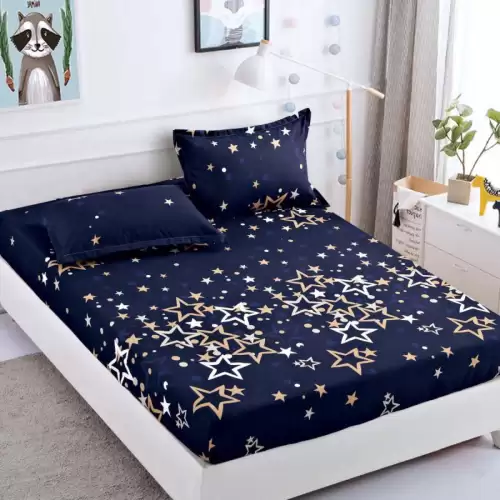 Cearsaf cu elastic, Bumbac FINET, 160/180x200cm, 2 fete de perne 50x70cm, Jojo Home, Bleumarin-Auriu, stelute