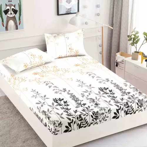 Cearsaf cu elastic, Bumbac FINET, 160/180x200cm, 2 fete de perne 50x70cm, Jojo Home, Crem, frunze