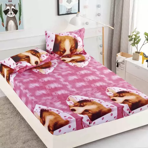 Cearsaf cu elastic, Bumbac FINET, 160/180x200cm, 2 fete de perne 50x70cm, Jojo Home, Roz-Maro, catelusi