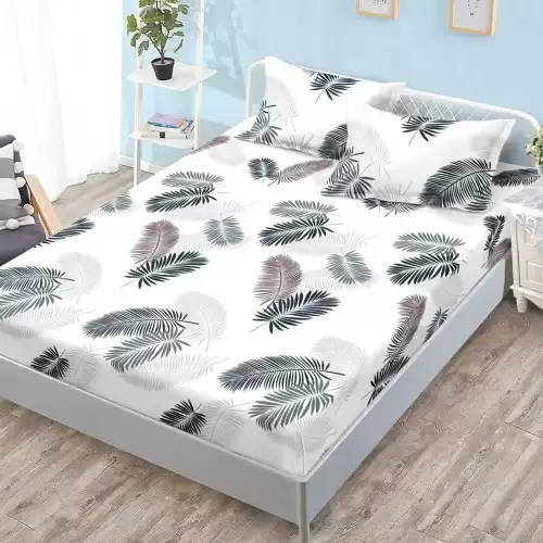 Cearsaf cu Elastic, Bumbac Satinat, 160x200 cm + 2 Fete de Perna 50x70 cm, Alb, frunze