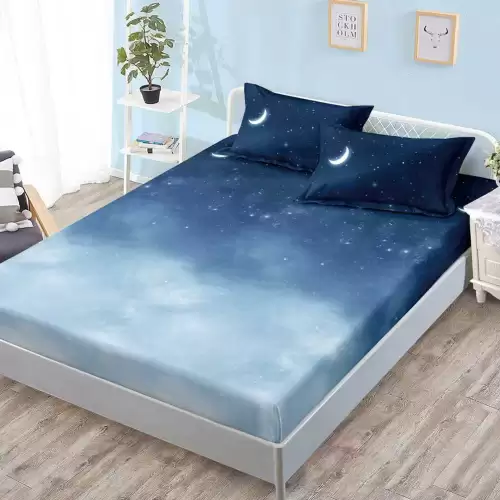 Cearsaf cu Elastic, Bumbac Satinat, 160x200 cm + 2 Fete de Perna 50x70 cm, Albastru degrade, stelute