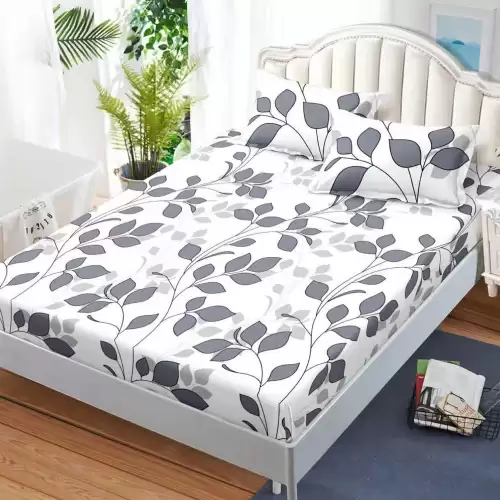 Cearsaf cu Elastic, Bumbac Satinat, 180x200 cm + 2 Fete de Perna 50x70 cm, Alb, frunze gri
