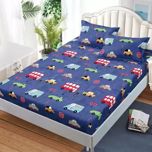 Cearsaf cu Elastic, Bumbac Satinat, 180x200 cm + 2 Fete de Perna 50x70 cm, Bleumarin, Masinute