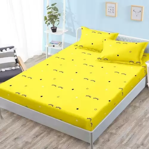 Cearsaf cu Elastic, Bumbac Satinat, 180x200 cm + 2 Fete de Perna 50x70 cm, Galben, Gene