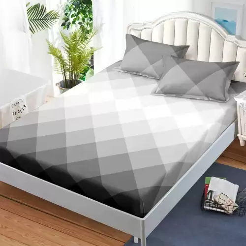 Cearsaf cu Elastic, Bumbac Satinat, 180x200 cm + 2 Fete de Perna 50x70 cm, Gri, romburi