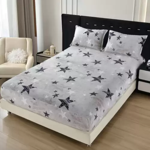 Cearsaf cu Elastic Cocolino 180x200cm si 2 fete de perna 50x70cm, Gri, Stelute