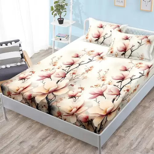 Cearsaf cu elastic, FINET, 180x200cm, 2 fete de perne 50x70cm, Crem, magnolii