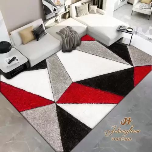 Covor 150x230cm pentru Dormitor si Living, Gri - Rosu - Alb - Negru