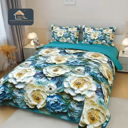 Cuvertura Matlasata, Bumbac Finet, cu Imprimeu 5D, 220x240cm + 2 fete de perna 50x70cm, Turquoise, Alb, Flori