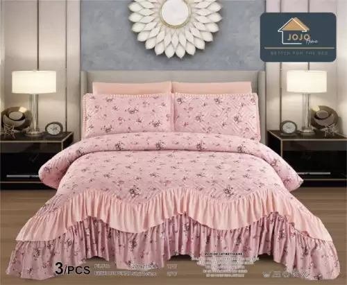 Cuvertura Pat Dublu Bumbac Finet 3 Piese Cu Volanase - Roz