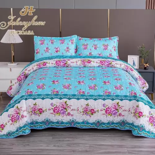 Cuvertura pentru pat dublu cu 2 fete matlasata Bumbac Satinat Superior Albastru flori
