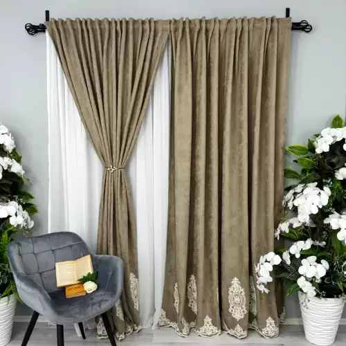 Draperie Blackout 80%, din Catifea cu Broderie, 140cm latime x 260cm inaltime, cu TIV LAT, Elite V1, Bej