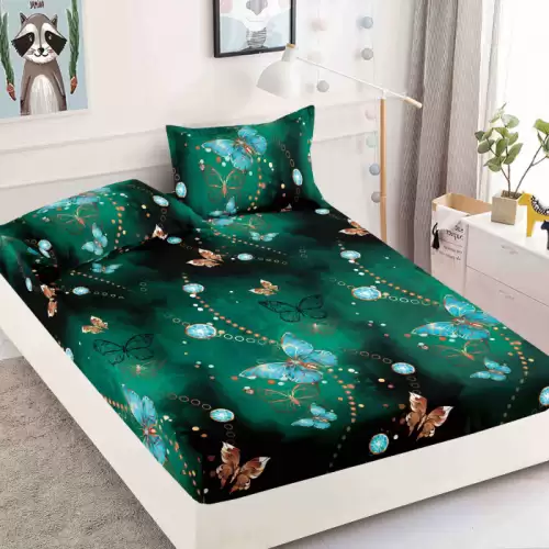 Husa Din Bumbac Tip Finet Cu Elastic 1 Persoana, Verde cu Fluturi