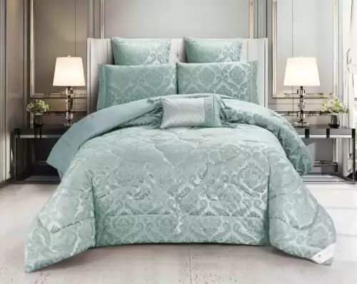 Lenjerie de Pat 2 Persoane cu Elastic si Pilota Inclusa , Set 7 Piese din Bumbac Jacquard