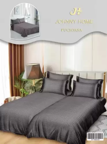 Lenjerie de Pat, 7 Piese, Bumbac Satinat Superior, cu 2 Pilote - Carouri