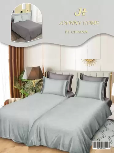 Lenjerie de Pat, 7 Piese, Bumbac Satinat Superior, cu 2 Pilote - Gri