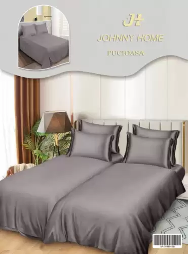 Lenjerie de Pat, 7 Piese, Bumbac Satinat Superior, cu 2 Pilote - Gri