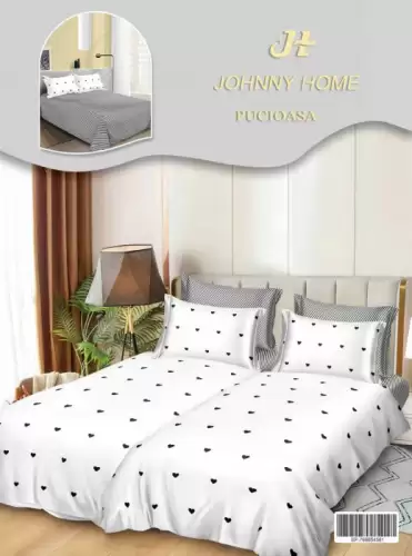 Lenjerie de Pat, 7 Piese, Bumbac Satinat Superior, cu 2 Pilote - Inimioare