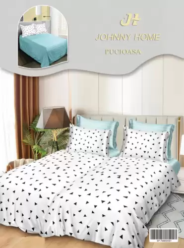 Lenjerie de Pat, 7 Piese, Bumbac Satinat Superior, cu 2 Pilote - Triunghiuri