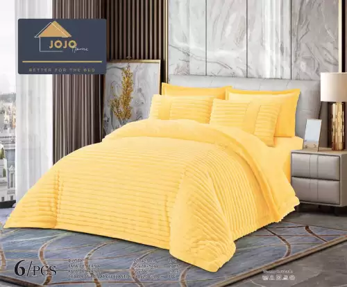 Lenjerie de pat cu Pilota Inclusa, Jojo Home, Cearceaf cu Elastic, 6 Piese, Blana de Iepure Artificiala, Galben