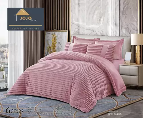 Lenjerie de pat cu Pilota Inclusa, Jojo Home, Cearceaf cu Elastic, 6 Piese, Blana de Iepure Artificiala, Roz