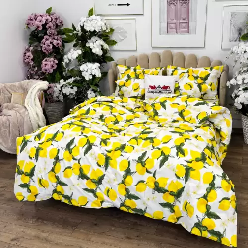Lenjerie de Pat Dublu, Bumbac Ranforce, 6 piese, Croita cu Grija in Atelierul Cumparamisim - Lux Suprem, Rafinament Desavarsit, Confort Regal, Alb, Galben, lamai si flori de lamai