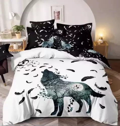 Lenjerie de Pat Finet 3D cu 2 Fete, 6 Piese, Pat 2 Persoane, Lup