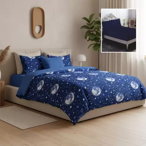 Lenjerie de pat finet 6 piese, cearceaf pat cu elastic, cearceaf pilota 200x230, 2 fete perna 50x70, 2 fete perna 70x70, Extra, Galaxy