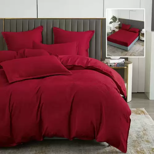 Lenjerie de pat natur uni baroque 6 piese cu husa (rosu)