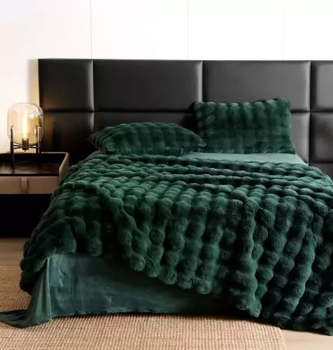 Lenjerie Luxury Pat Dublu, Jojo Home, ExtraPufoasa, din Blanita Artificiala tip Iepure, 6 piese, Verde