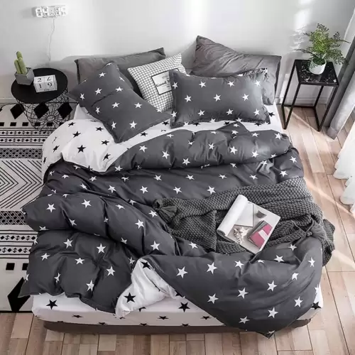 Lenjerie pat 1 PERSOANA, 4 piese, cu ELASTIC, Gri, stelute