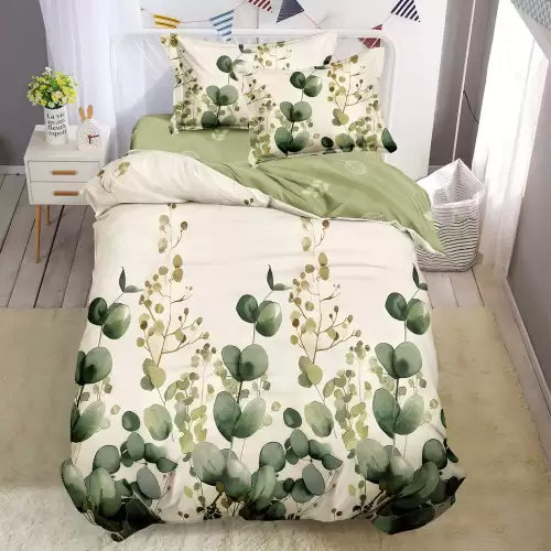 Lenjerie pat 1 PERSOANA, FINET, 4 piese, Crem, Verde, flori