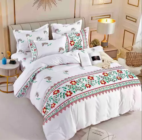 Lenjerie pat 1 PERSOANA, FINET, 4 piese, Jojo Home, Alb, Rosu, Verde, Model Traditional cu Flori
