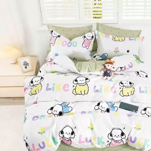 Lenjerie pat 1 PERSOANA, FINET, 4 piese, Jojo Home, Alb, Vernil, Catelusi, Litere