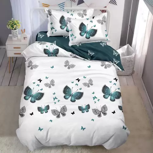 Lenjerie pat 140x200cm, FINET, 4 piese, cu ELASTIC, Alb, Verde, fluturi