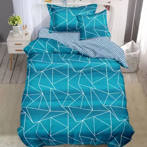 Lenjerie pat 140x200cm, FINET, 4 piese, cu ELASTIC, Bleu, dungi