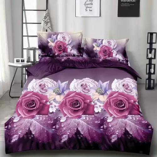 Lenjerie pat dublu (140x200cm, 160x200cm, 180x200cm), cearsaf clasic, imprimeu 3D, Mov, trandafiri