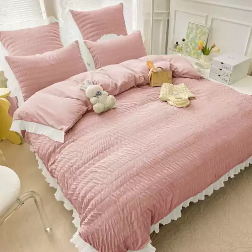 Lenjerie Pat Dublu 6 Piese Bumbac Finet Creponat Uni cu Volanase Elegante