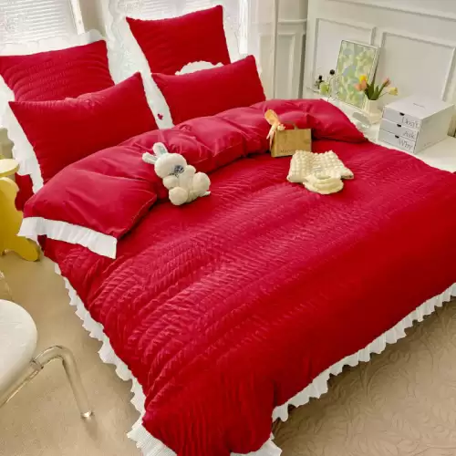 Lenjerie Pat Dublu 6 Piese Bumbac Finet Creponat Uni cu Volanase Elegante