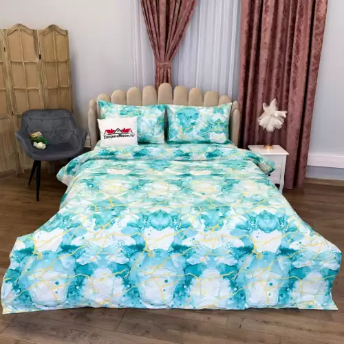 Lenjerie Pat Dublu, Bumbac Ranforce, 4 piese, Atelier Cumparamisim - Lux Suprem, Rafinament Desavarsit, Confort Regal, Alb, Bleu, model abstract