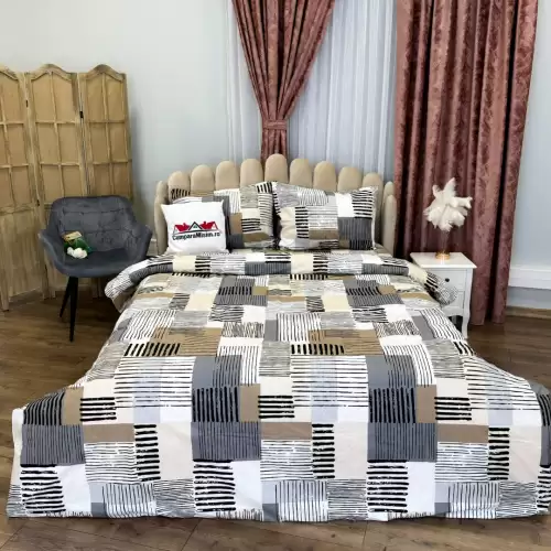 Lenjerie Pat Dublu, Bumbac Ranforce, 4 piese, Atelier Cumparamisim - Lux Suprem, Rafinament Desavarsit, Confort Regal, Alb, Gri, Bej, forme geometrice