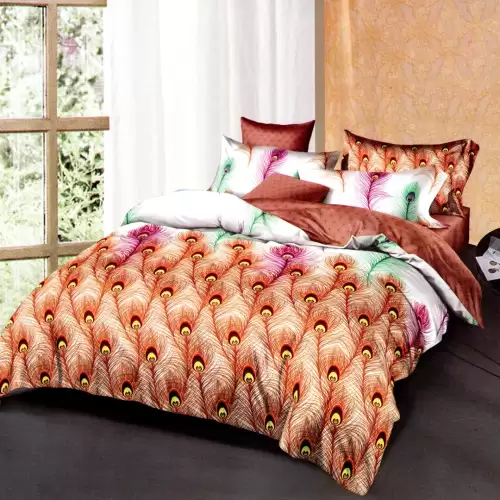 Lenjerie pat dublu, bumbac satinat, cu doua feţe, 4 piese, Alb, Rosu, Pene de Paun