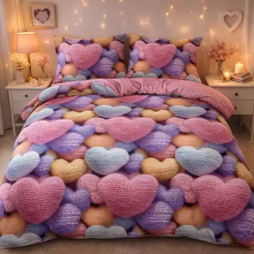 Lenjerie pat dublu cu Elastic, bumbac satinat, Multicolor, inimioare