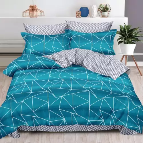 Lenjerie pat dublu cu ELASTIC, Finet, 6 piese, albastru, gri, dungi