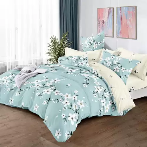 Lenjerie pat dublu cu ELASTIC, Finet, 6 piese, Bleu, flori