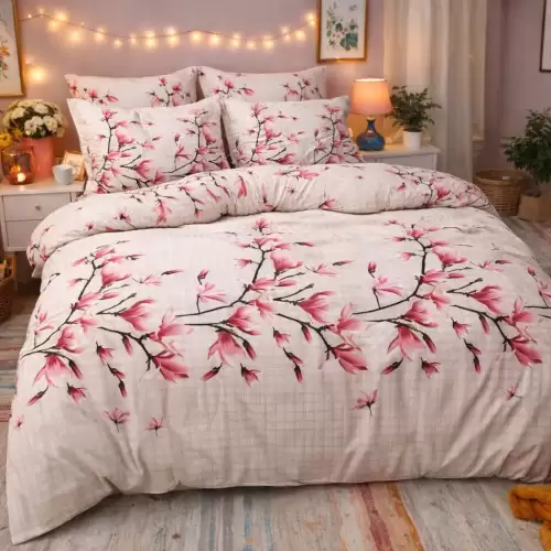 Lenjerie pat dublu, Finet, 6 piese, Bej-Roz, magnolii