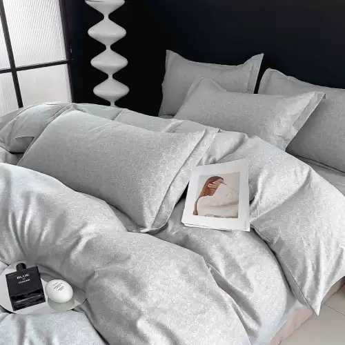 Lenjerie pat dublu, FINET, 6 piese, cu ELASTIC, Jojo Home, Gri, trandafiri