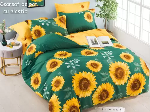 Lenjerie pat dublu, FINET, 6 piese, cu ELASTIC, Jojo Home, Verde-Galben, floarea soarelui