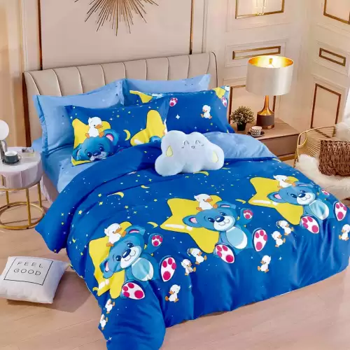 Lenjerie pat dublu, FINET, 6 piese, Jojo Home, Albastru, stelute, ursuleti